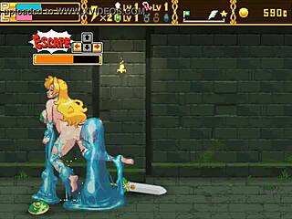 Blond tjej spelar rollen som en krigare i en intensiv goblinsexscene i detta hentai-spel