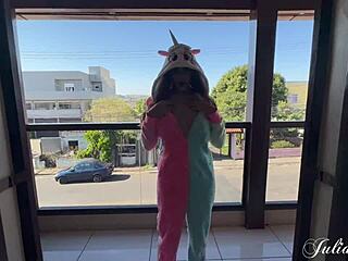 Watch a stunning Latina unicorn take a deepthroat in costume