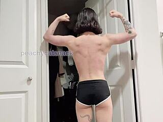 A petite Asian muscle woman performs regular and weighted pull-ups while being in the nude