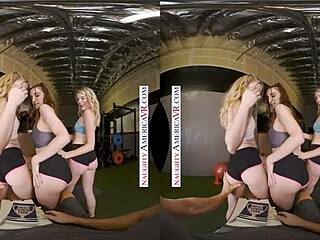Three young and fit babes, Snow Harlow West, Nikki Sweet, show their appreciation for their personal trainer's hard work