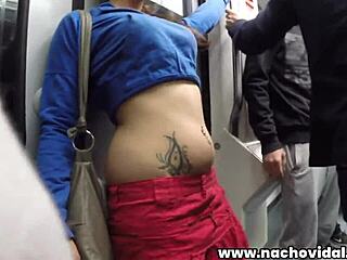 Public nudity and pussy to mouth action on a train with natural tits