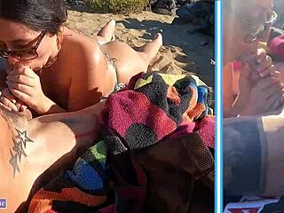 Wanita berpayudara semula jadi menikmati deepthroating dan menelan air mani di pantai