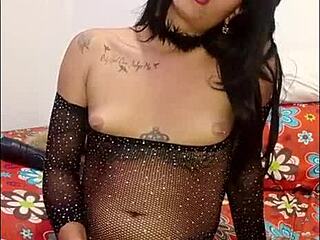 Latina trans babe in long hair and stockings enjoys solo masturbation