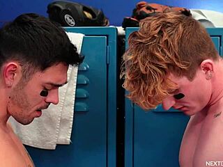 Two muscular gay men explore their sexuality in a steamy locker room encounter