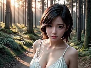 Japonský hentai s veľkými prsiami a opätkami v lese